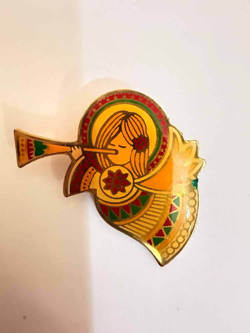 Vintage Gold Tone Enamel Christmas Angel Trumpet Brooch